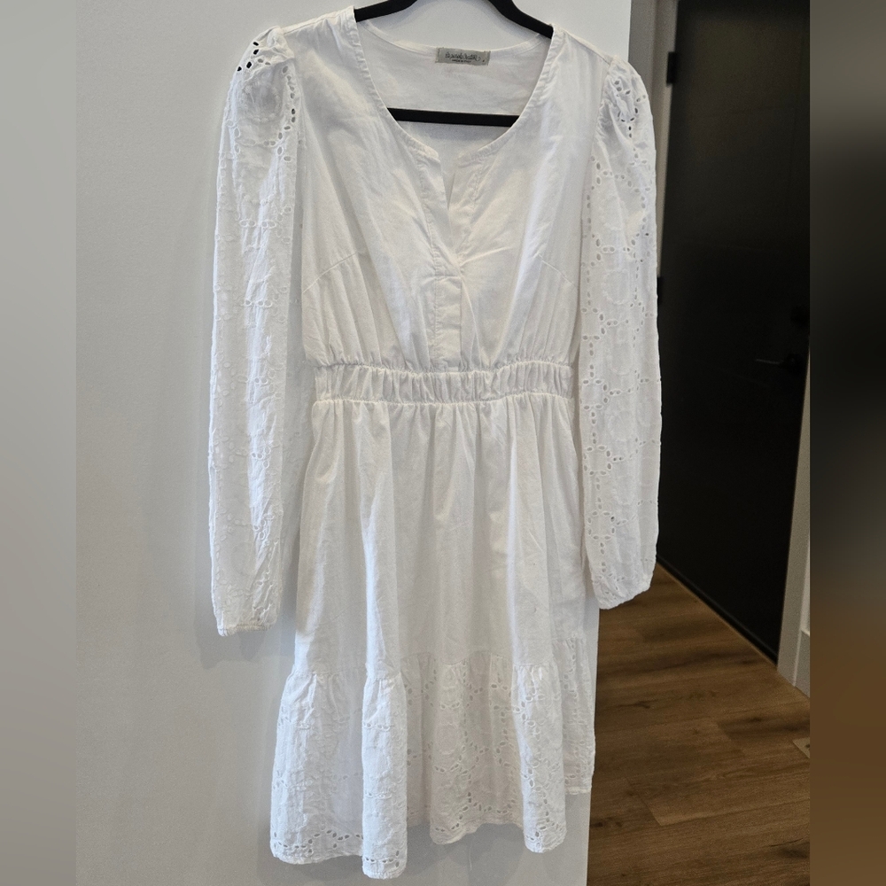 NEW White Eyelet Long Sleeve Midi Dress — Elegant Women's Cotton Dress